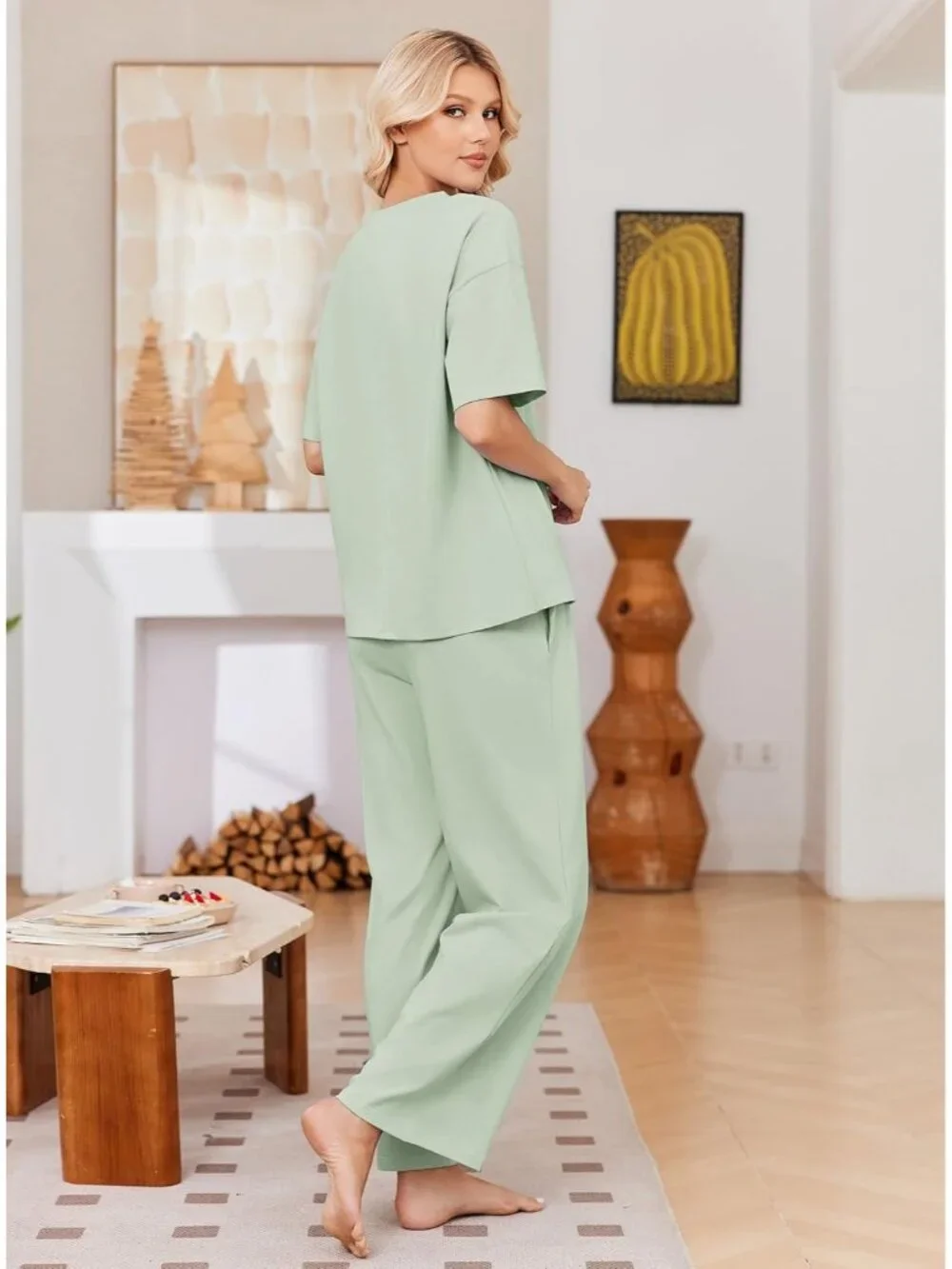 Women's Light Green Cotton Short Sleeve Sleepwear Pant Pockets Pajama Set